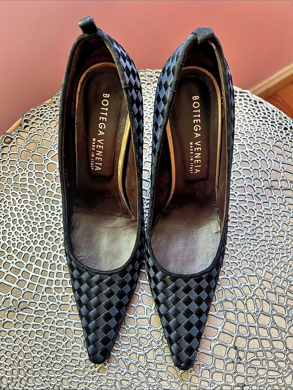 Bottega Veneta Intrecciato Satin Pointed Toe Pumps Black US 36.5
